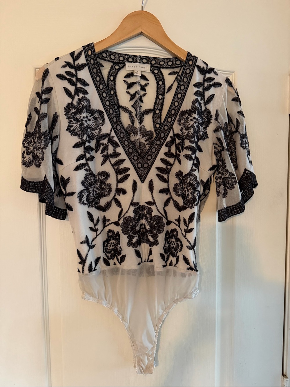 Honey Punch White Sheer Bodysuit with Black Floral Embroidery